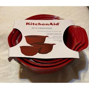 KitchenAid Set Of 3 Red Mixing Bowls With Nonslip Base & Pour Spout 2.5 3.5 & 4.